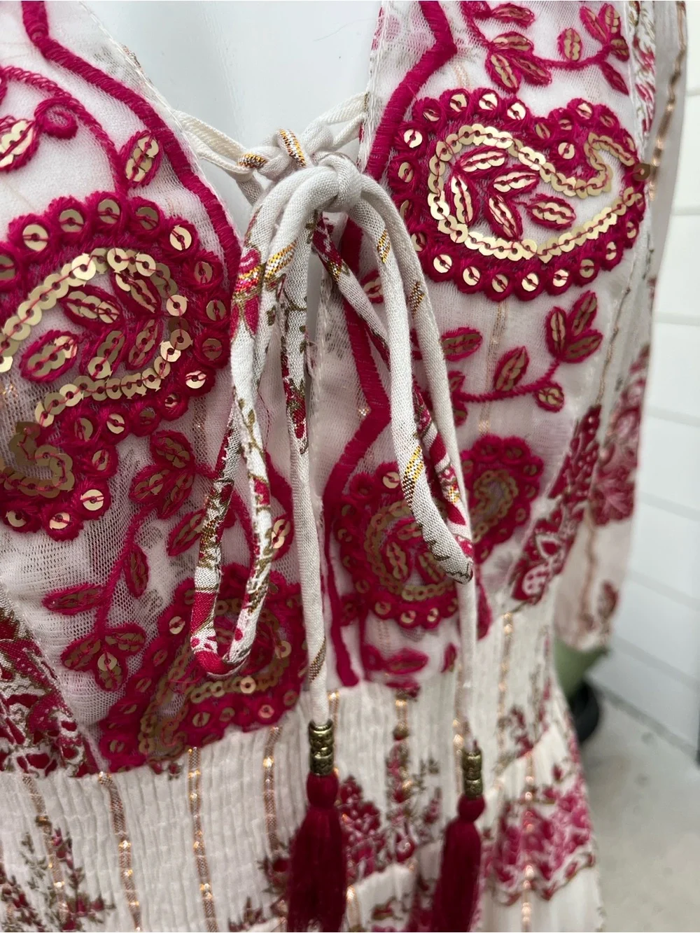 Maxi Dress with Magenta Paisley Print,Tassel Tie and Gold Embellishment - Picture 2 of 4